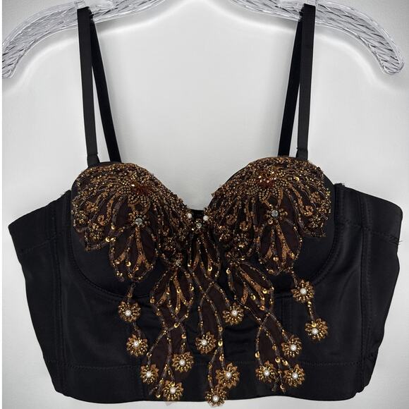 Beaded sequin 3D floral Crop bustier bra top gold black removable straps large - Picture 2 of 16